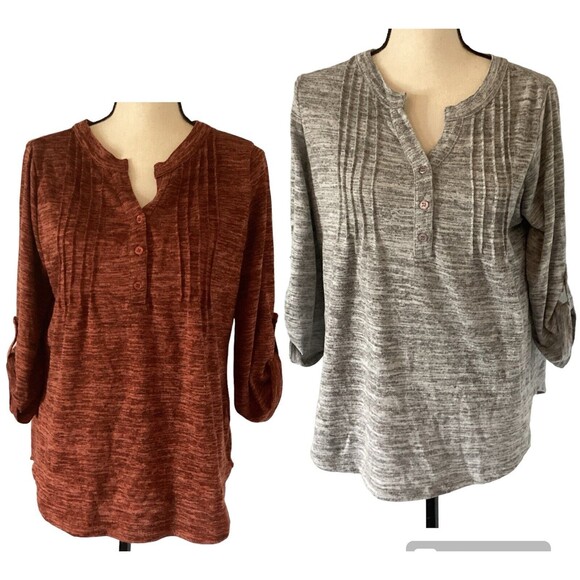 Notations Women’s 3 Button 3/4 Length Sleeve Shirt 2 Tops Rust & Heather Gray M - Picture 1 of 11